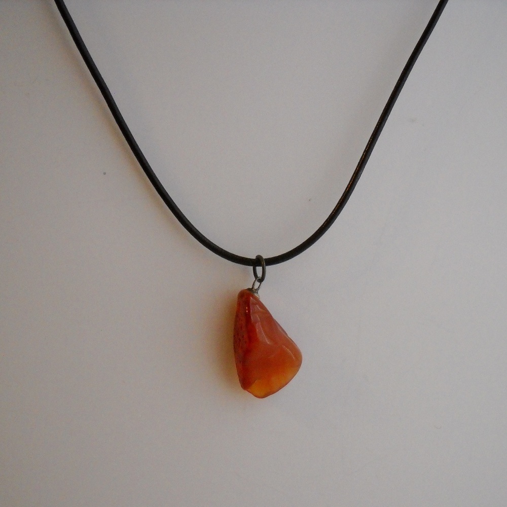 Orange Rust Pendant Brown Leather Cord Necklace Semi Precious Stone Medallion